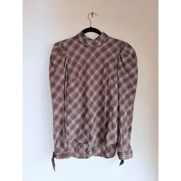 NWOT Veronica Beard Isabel Plaid Button Back Tie Cuff Blouse in Brown Size 2 - Picture 7 of 14